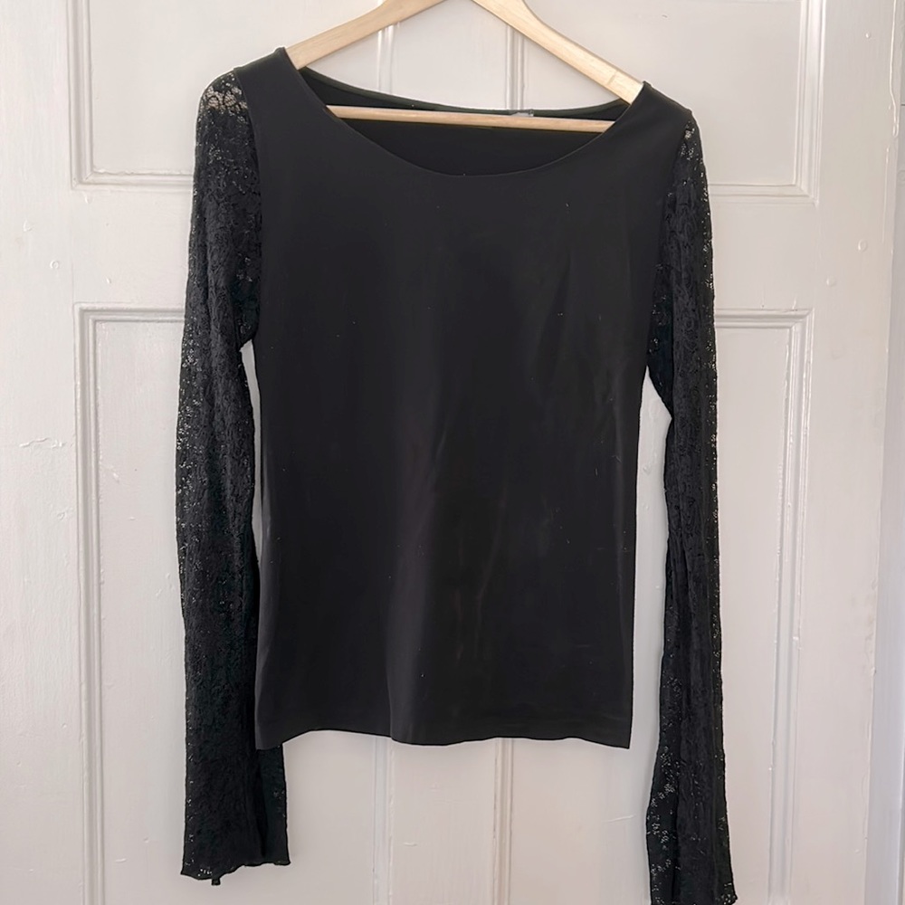 Love, sex money, seamless stretch, top, long lace sleeves. Black. Size M.